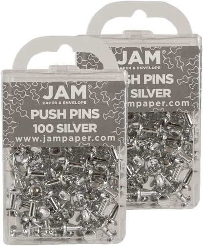JAM PAPER Colorful Push Pins - Silver Pushpins - 2 Packs of 100