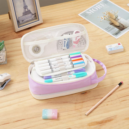 Large Pencil Case Zipper Pencil Pouch for Girls Adults Kids Aesthetic Pencil Bag Organizer Big Capacity Pen Bag with Handle Portable for School Office Purple