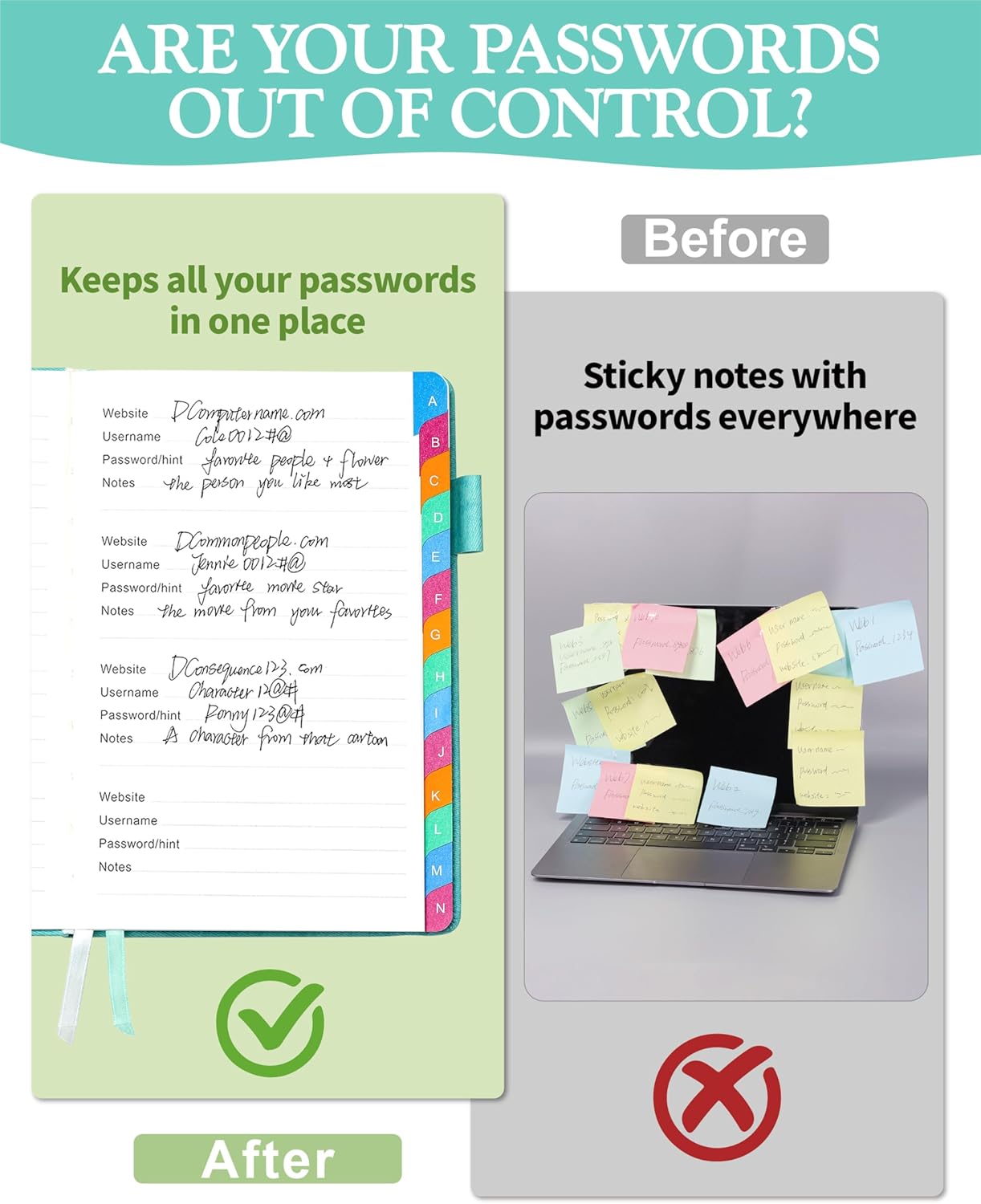Password Keeper Book with Colorful Alphabetical Tabs, Hardcover Password Log-book for Internet Password and Website Address, 5.8"×8.4" Password Notebook for Home Office (Turquoise, Medium (5.8 x 8.4 Inch))