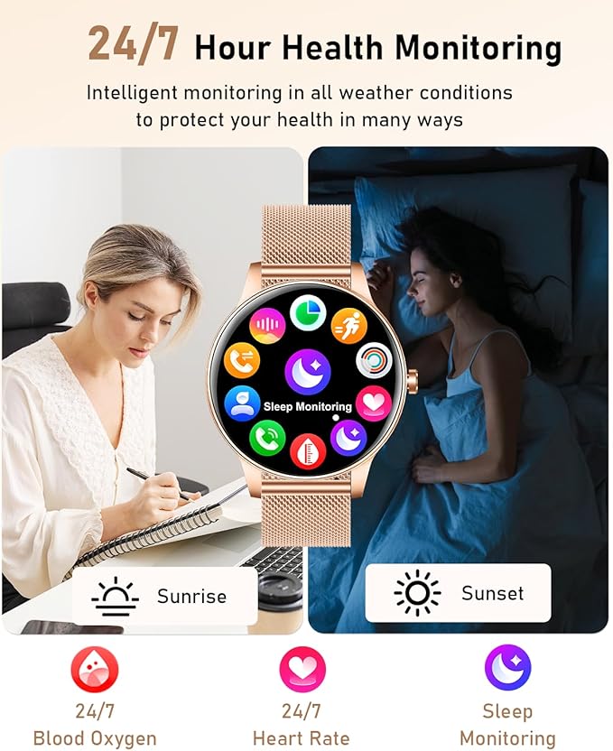 Smart Watch for Women, Answer/Make Call,1.27'' Touchscreen, 120+ Sports Modes Fitness Tracker, 24H Heart Rate/SpO2/Sleep/Menstrual Cycle/IP68 Fitness Watch for Android iOS, 4 Straps (Rose Gold)
