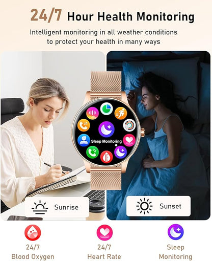 Smart Watch for Women, Answer/Make Call,1.27'' Touchscreen, 120+ Sports Modes Fitness Tracker, 24H Heart Rate/SpO2/Sleep/Menstrual Cycle/IP68 Fitness Watch for Android iOS, 4 Straps (Rose Gold)