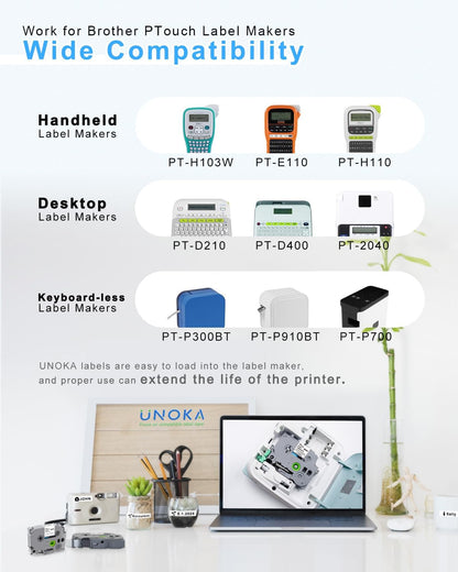 UNOKA Ptouch Tape 12mm 0.47 White Laminated Compatible with Brother Label Maker PTH110 PTD220 PTD210, TZe TZ Tape TZe-231 Black Ink on White Refills, Waterproof, Indoor/Outdoor Use, 2 Pack