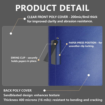 TOTiyea 10 Pack Clear Report Covers with Swing Clip, File Folder with Swing Clip, 30 Sheets Capacity, Slide Locking Report Covers, Letter Size (Navy, 10 Pack)