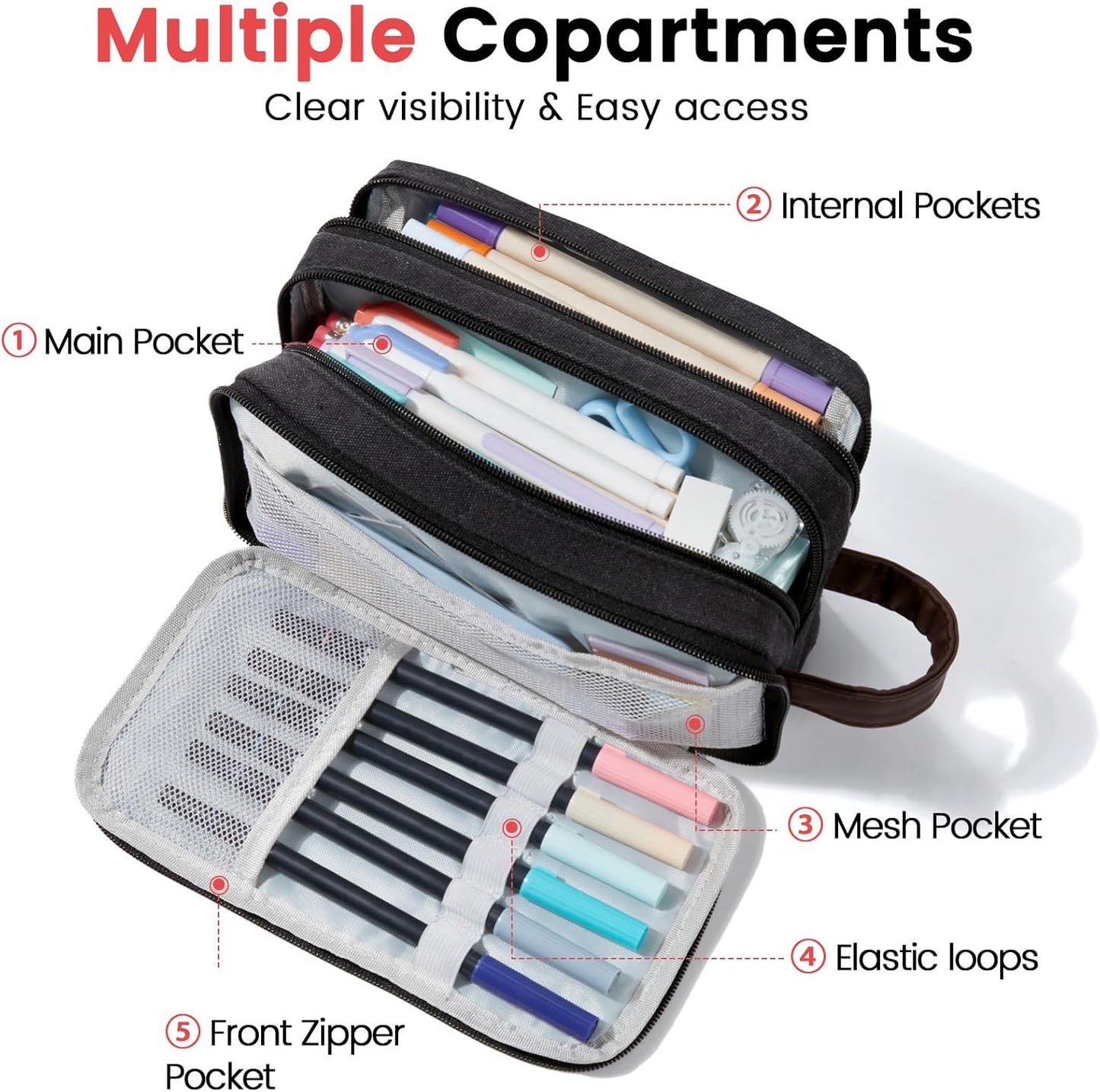 Sooez Large Pencil Case Pouch, Extra Big Pencil Pouch Pencil Bag with PU Handle & Zipper, Sturdy Pen Case with 3 Compartments, Aesthetic School College Supplies Organizer for Men Women Boys, Gray