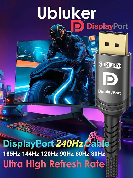 10K 8K DisplayPort 2.1 Cable 54Gbps 13 FT, Certified DP to DP Cord 4K 240Hz 165Hz 144Hz 120Hz 10K 8K 120Hz Nylon Braided UHBR HDCP2.3 FreeSync G-Sync RTX5090 Gaming Monitor PC Projector