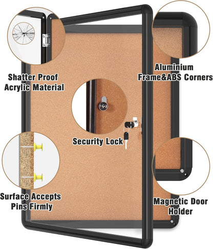 26"x20" Enclosed Bulletin Board, Lockable Weather-Resistant Aluminum Cork Noticeboard for School & Office, Black Frame w/Cork