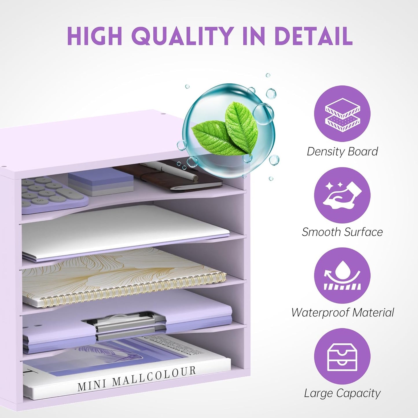 SUPEASY Wood Desk Organizer, 5 Tier Paper File Organizer for Desk, Wooden Desktop Organizer, Paper Letter Literature Mail Sorter, for Office School & Home Organization, Purple