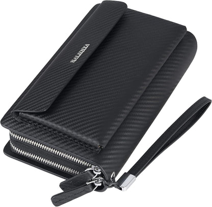 Leather Men Clutch Bag Long Wallet Purse Card Holder Case Business Large Clutch with Double Zip Handbag