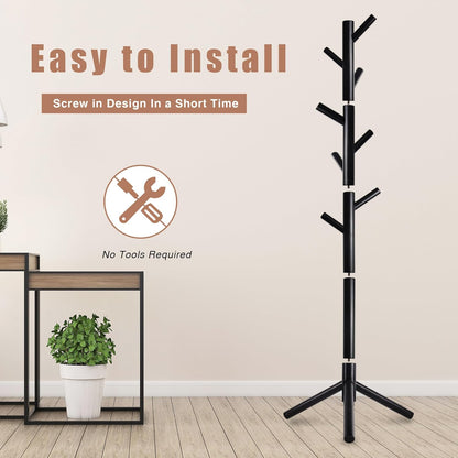 Wooden Coat Rack, Free Standing Coat Rack with 8 Hooks 3 Adjustable Heights for Clothes, Hats, Handbags, Coat Tree Easy Assembly for Entryway, Bedroom, Hallway, Office (New Black)