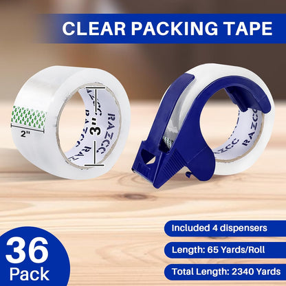 Clear Packing Tape, 36 Rolls Heavy Duty Packaging Tape with Dispensers for Packing Shipping Moving and Sealing, Thicker Packing Tape-2" x 65 Yards Per Roll, 2340 Total Yards