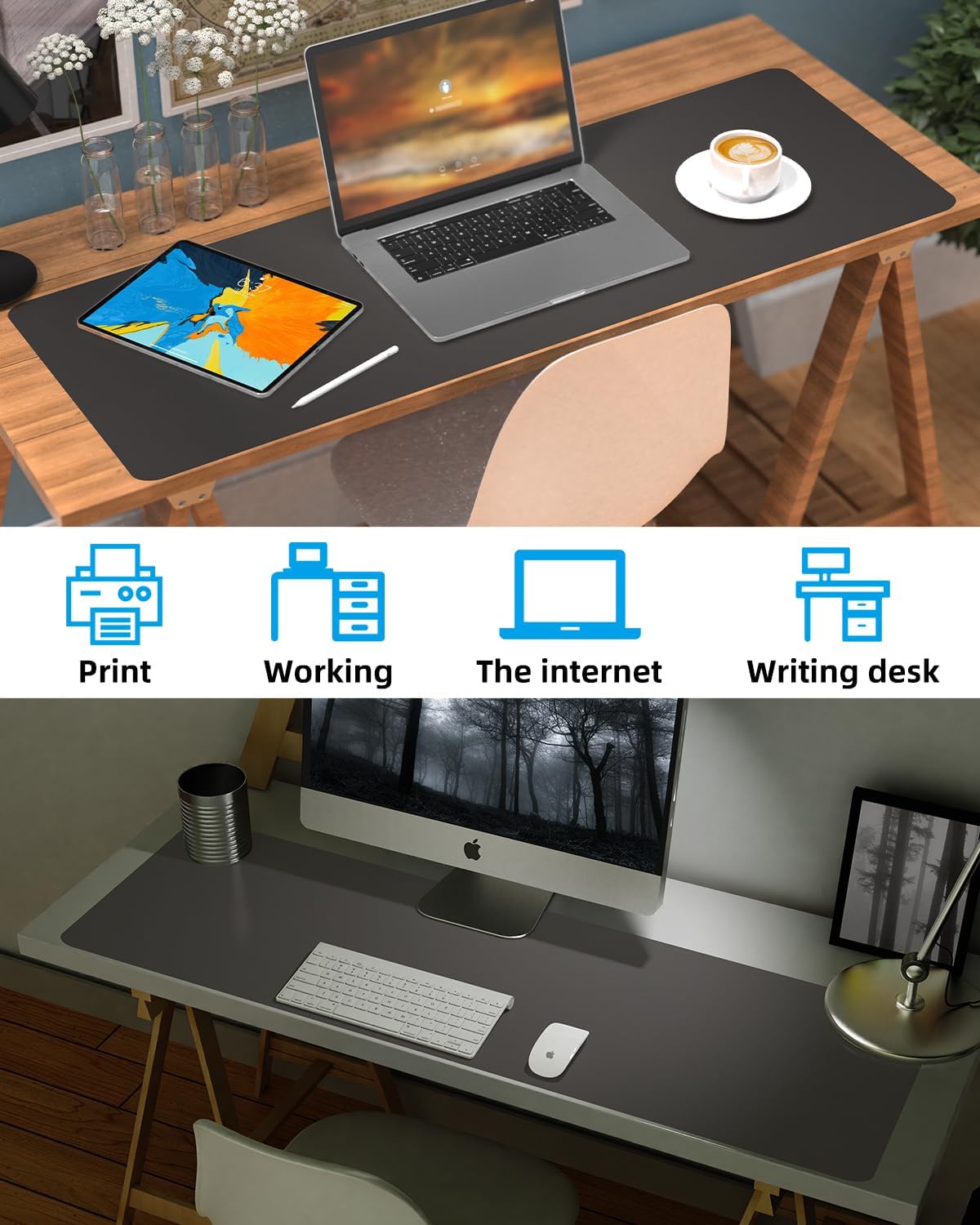 Leather Desk Pad Protector,48"x 17"Desk Mat Large, Mouse Pad, Non-Slip PU Leather Desk Blotter,Waterproof Desk Pad for Office/Home(Dark Grey)