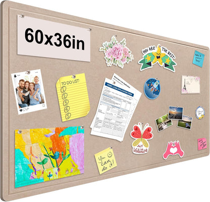 Foldable Large Bulletin Board, 60x36 Inches Cork Board Alternative, Large Felt Board Decorative Pin Board for Wall, Foldable Photo Board Self-Adhesive Vision Board with 36 Pushpins Khaki
