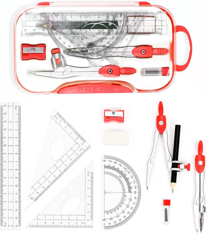 10 Pieces Math Geometry Kit Set Student Supplies with Shatterproof Storage Box,Includes Rulers,Protractor,Compass,Eraser,Pencil Sharpener,Lead Refills,Pencil,for School and Drawings（Red）