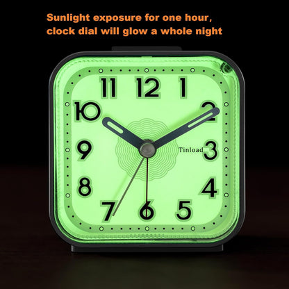 Small Analog Alarm Clock Silent Non Ticking, Ascending Beep Sounds, Snooze,Glow in Dark dial, Manual Light, Battery Operated(Silver)