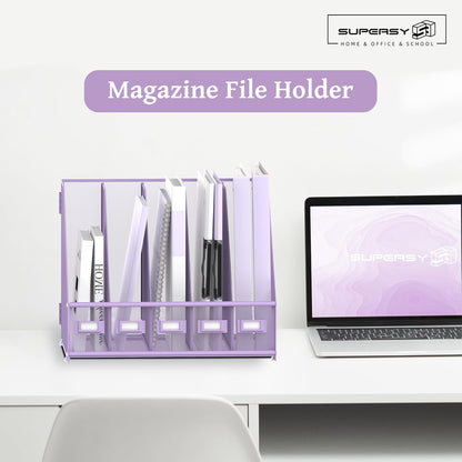 SUPEASY Desk Organizers Metal Desk Magazine File Holder with 5 Vertical Compartments Rack File Organizer for Office Desktop, Home Workspace, Purple