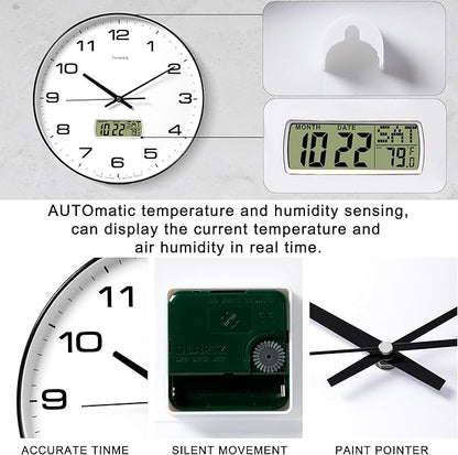 Wall Clock, 14" Large Dial Non-Ticking Silent Battery Operated Analog with LCD Display for Perpetual Calendar and F° Temperature, Ideal Modern Home, Bedroom, Office Decor (Black)