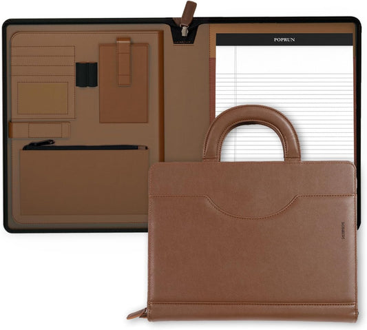 POPRUN Portfolio Binder with Zipper, Leather Padfolio Document Organizer with Storage, Professional Business Briefcase Ideal for Meeting Presentation Work-Includes 50 Sheet Writing Pad, Brown
