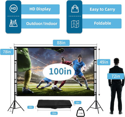 TOWOND Projector Screen and Stand, 100 inch Projection Screen Outdoor Indoor, Portable 16:9 4K HD Rear Front Movie Screen with Carry Bag Wrinkle-Free Design for Home Theater Backyard Cinema