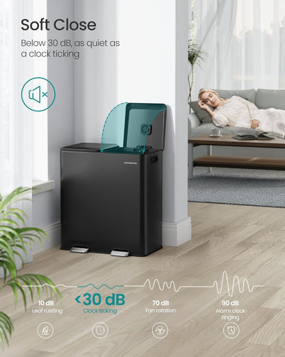 SONGMICS Trash Can, 2 x 8 Gallon (2 x 30 L) Double Garbage Can with Soft-Close Lids, Removable Inner Buckets, Pedals, Stainless Steel, for Waste and Recycling, Ink Black ULTB743B01