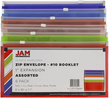 JAM PAPER Plastic Envelopes with Zip Closure - #10 Booklet Wallet - 5 1/4 x 10 - Assorted Colors - 6/Pack