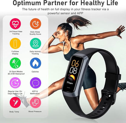 Fitness Tracker with 24/7 Heart Rate, Blood Oxygen Blood Pressure Sleep Monitor, Activity Trackers 5 ATM Waterproof,Step Calorie Counter Pedometer Health Smart Watch for Women Men (Black)