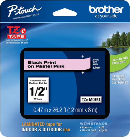 Brother Genuine P-touch TZeMQE31 Tape, 1/2" (0.47") Wide Standard Laminated Tape, Black on Pastel Pink, Laminated for Indoor or Outdoor Use, Water-Resistant, 0.47" x 26.2' (12mm x 8M), TZEMQE31