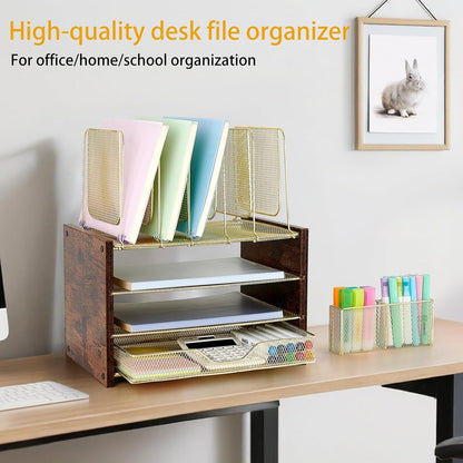 Gold Desk Organizers and Accessories,4-Tier Desktop File Organizer with Drawer, Wood Paper Organizer with 5 Vertical File Holders and Pen Holder for Office Supplies
