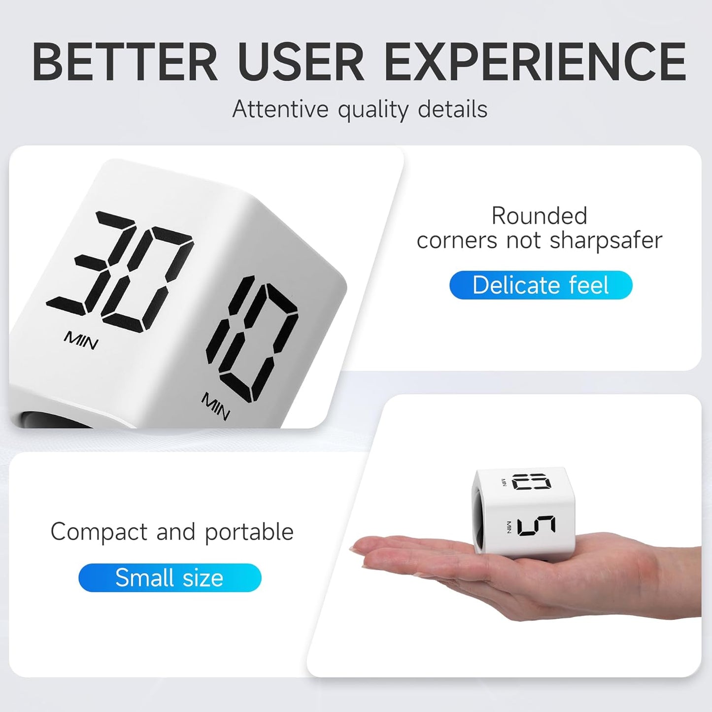 Productivity Timer 1, 5, 10, 30, 60 Minutes Preset, Desk Cube Timer with Gravity Sensor/Mute/Vibration for ADHD, Work, Study, Kitchen, Back to School (1, White)