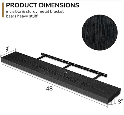 Fun Memories 48 Inch Floating Shelves - Fireplace Mantel Shelf - Deep Wall Mounted Wood Storage Shelf for Bedroom, Kitchen, Farmhouse - 1 Pack, Rustic Black