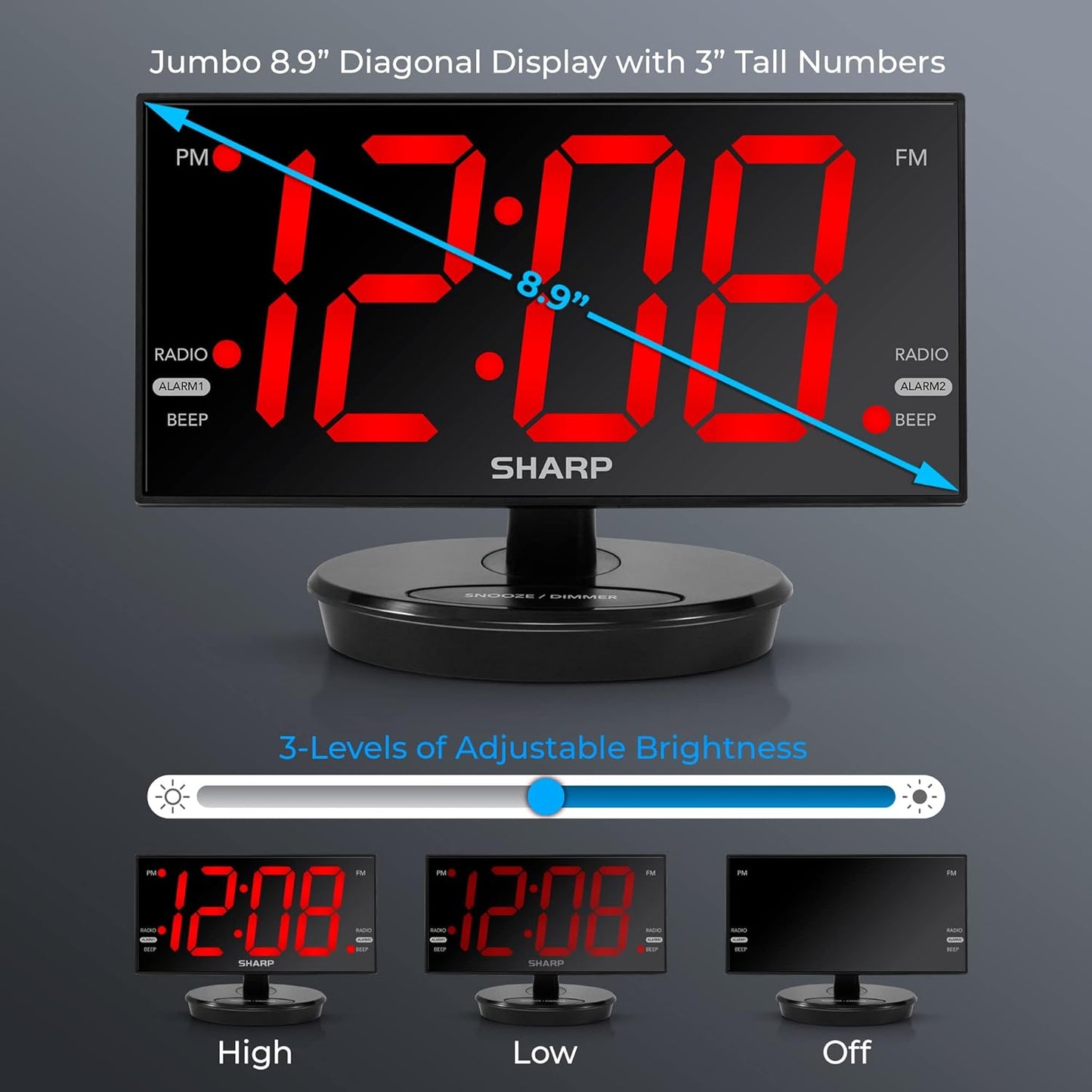 Sharp Digital Alarm Clock, 8.9" Extra Large LED Clock with Tilt and Swivel Display, AccuSet Automatically Sets The Time, Dual USB Charger Ports, FM Radio, 3 Level Adjustable Dimmer Brightness