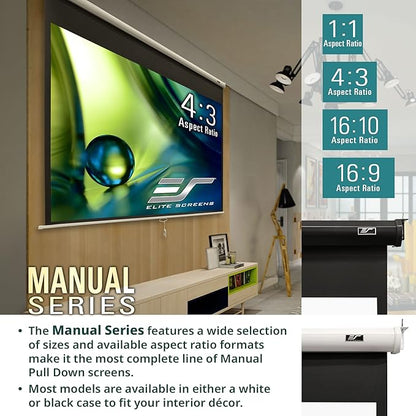 Elite Screens Manual Series, 120-INCH 16:9, Pull Down Manual Projector Screen with 24-INCH DROP, Movie Home Theater 8K / 4K Ultra HD 3D Ready, 2-YEAR WARRANTY , M120XWH-E24