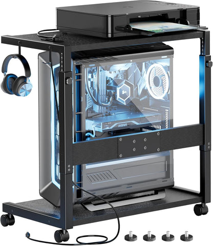 JANE EYRE PC Tower Stand - Adjustable Computer Tower Stand with Charging Station CPU Holder with Wheels for Home Office Gaming, Upgraded Larger Size 25.9" to 34.9" Height