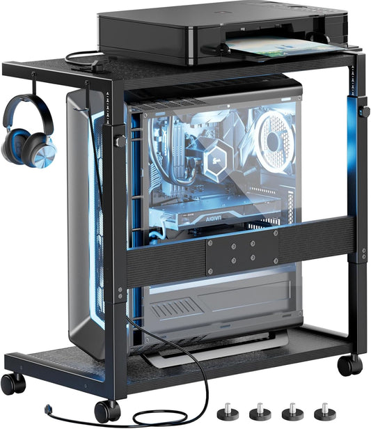 JANE EYRE PC Tower Stand - Adjustable Computer Tower Stand with Charging Station CPU Holder with Wheels for Home Office Gaming, Upgraded Larger Size 25.9" to 34.9" Height