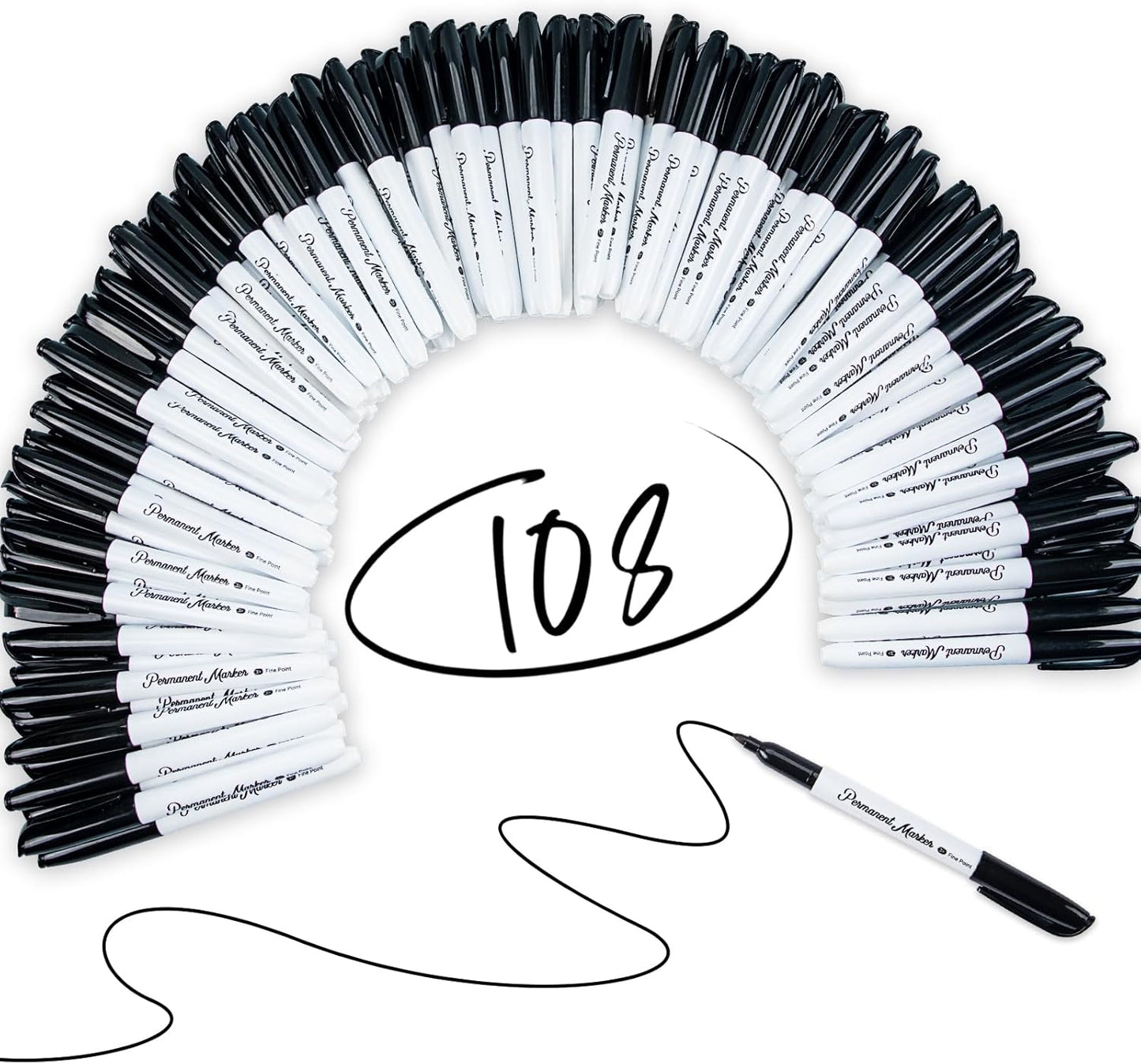 Black Permanent Markers 108 Pack, Black Markers Bulk, Fine Tip, Quick-Drying, Waterproof, Durable for Wood, Plastic, Metal, Glass, Paper - Office Supplies, School, Classroom, Home Organization