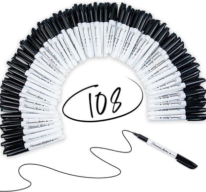 Black Permanent Markers 108 Pack, Black Markers Bulk, Fine Tip, Quick-Drying, Waterproof, Durable for Wood, Plastic, Metal, Glass, Paper - Office Supplies, School, Classroom, Home Organization