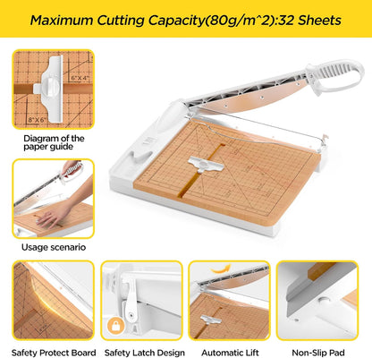 12 Inch Wood Guillotine Paper Cutter, Heavy Duty Wood Base Paper Trimmer with 32 Sheets Paper Cutting Board for Classroom, Crafting, Cardstock, Art Projects (White)