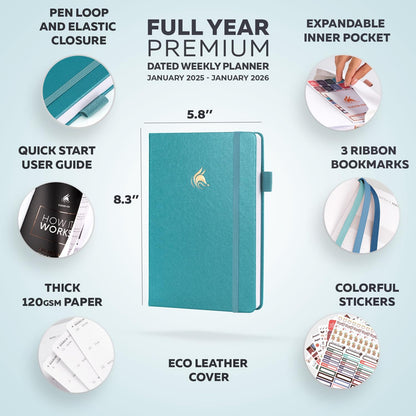 Clever Fox Dated Planner Premium 2025 – Weekly Agenda for Planning & Time Management –Notebook with Habit Tracker & To-do List (Aquamarine)