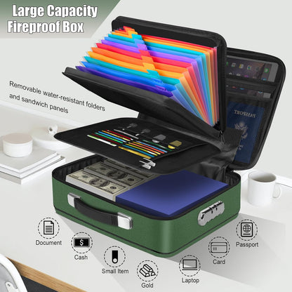 Fireproof Document Box, Hard Shell Fireproof Box, Document Organizer with Lock, Fireproof Water Resistant box, Portable Documents Safe Box for Important Document Certificates, Laptop, Passports, Green