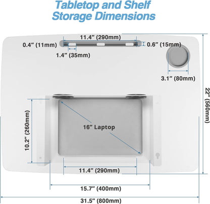 AVLT 44" Height Adjustable Foot Pedal Rolling Desk with Shelf (3 ft 8 inches) - Pneumatic Laptop Standing Desk Cart - Mobile Laptop Cart - White Computer Projector Cart with Brake Casters
