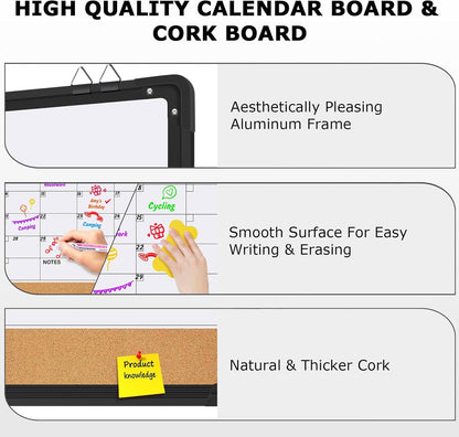 EAONE 16x12 in Double Side Whiteboard Calendar & Cork Board Combo for Wall, 3 in 1 Magnetic Dry Erase Whiteboard Monthly Calendar and Bulletin Board with Aluminum Frame for Home Office Kitchen