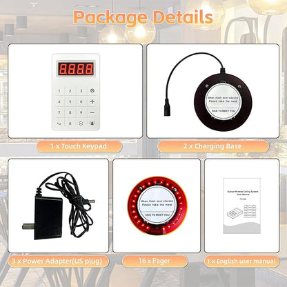 Restaurant Pager System 16 Coaster Pagers and Beepers, Restaurant Beepers Buzzers System with Vibration Flashing Buzzer Queue Wireless Calling System for Food Truck Coffee Shop Church Nursery Bar