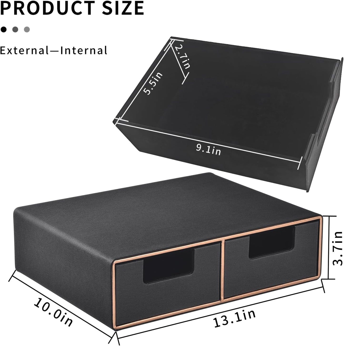 Linen Leather Desk Organizer and monitor stand with Drawers－Mini Desktop Drawer Organizer Stackable－Tabletop Organization Storage Box for Office Supplies Home Vanity Toiletries (Black, 2-drawers)