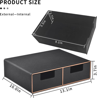 Linen Leather Desk Organizer and monitor stand with Drawers－Mini Desktop Drawer Organizer Stackable－Tabletop Organization Storage Box for Office Supplies Home Vanity Toiletries (Black, 2-drawers)
