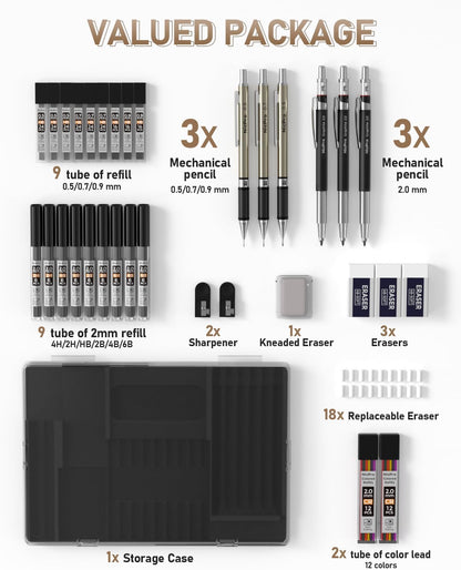 Nicpro 35PCS Art Mechanical Pencil Set, 3 PCS Metal Drafting Pencil 0.5 mm & 0.7 mm & 0.9 mm & 3 PCS 2mm Lead Holder (6B 4B 2B HB 2H 4H Colors) For Sketching Drawing With 20 Tube Lead Refills Case