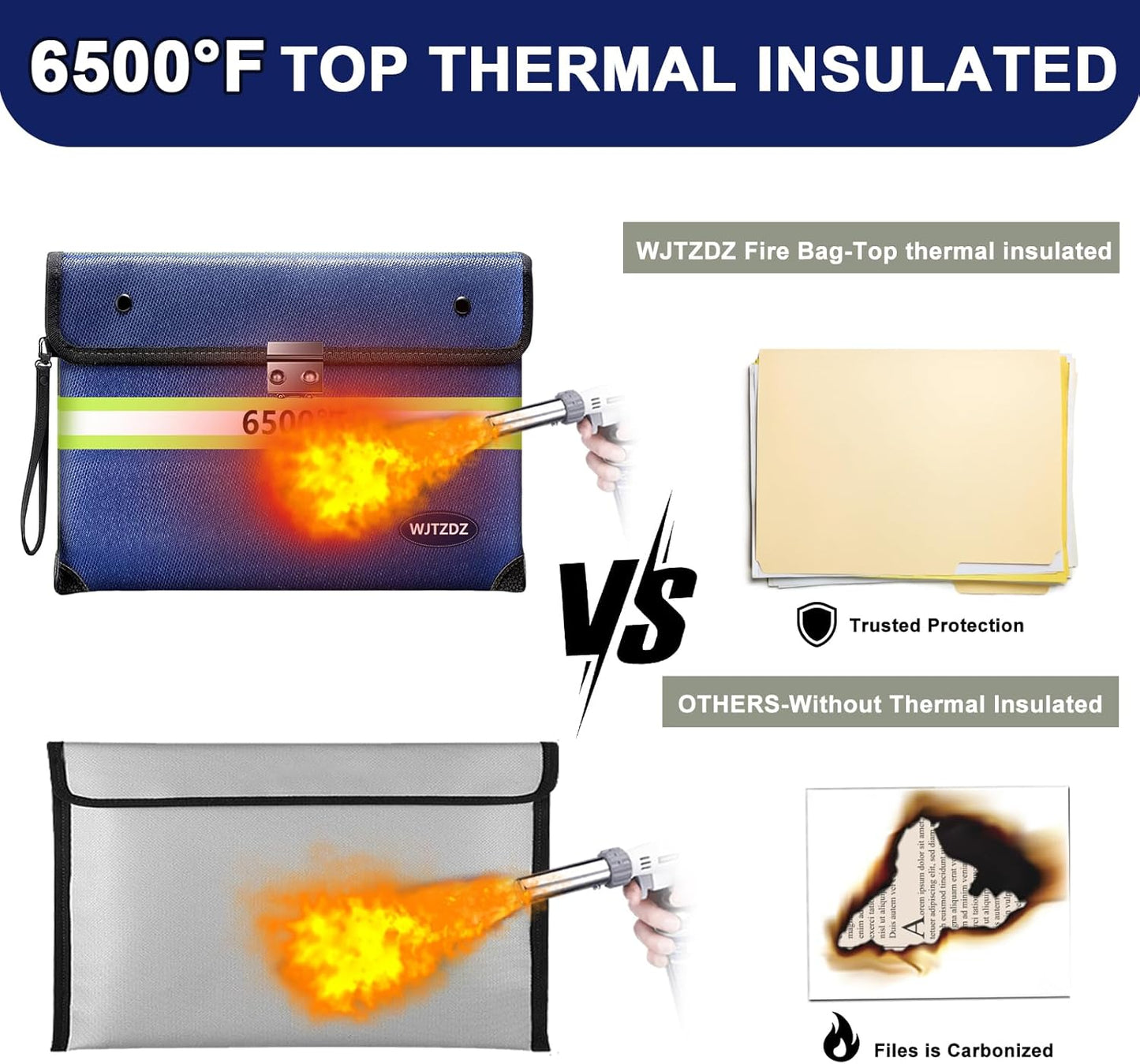 Upgraded Fireproof Money Bag with Lock,6500°F 10 Layers of Heat Insulated Materials Waterproof Zipper/Reflective Strip,Handle for Cash/Important Documents（Not Suitable for A4 Files）