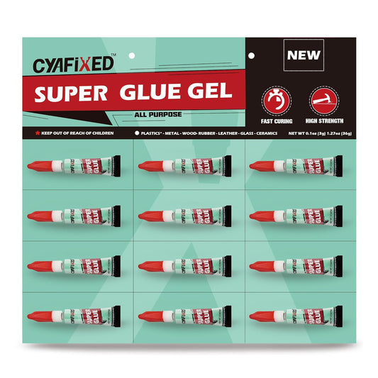 Super Glue Gel, All-Purpose Superglue, Cyanoacrylate Instant Adhesive for Plastic, Wood, Metal, Repair - Twelve 3 Gram Tubes, Clear