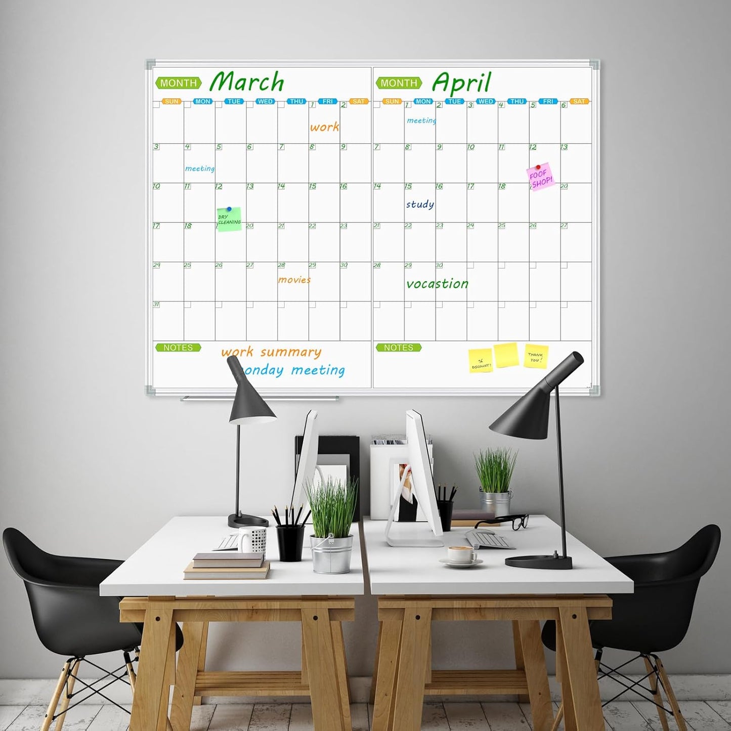 JILoffice Magnetic Dry Erase Calendar Whiteboard, 2 Month White Board Planner 48 X 36 Inch, Silver Aluminum Frame Wall Mounted Board for Office Home and School