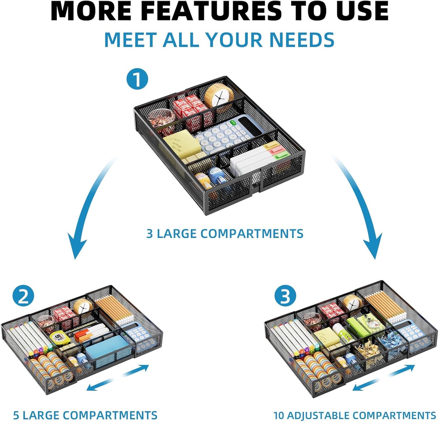 Marbrasse Expandable Desk Drawer Organizer, Mesh Drawer Organizer Tray with 10 Adjustable Compartments, Desk Organizers and Accessories for Office Supplies, Makeup & Vanity (Expandable Black-2 pack)