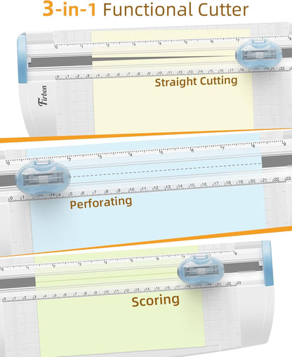 Firbon 3-in-1 Paper Cutter, 9" Compact A5 Paper Trimmer with Straight Cut, Scoring & Perforating Blades for Cardstock, Scrapbooking, Crafting, Labels & Home Office (Blue)