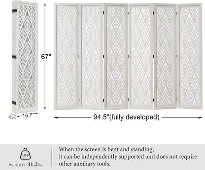 5.6Ft Room Divider Folding Wood Simple Carved Partition Screen for Home Office Garden - 6 Panels (White)
